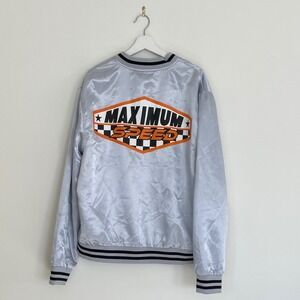 Forever 21 Men Silver Satin Bomber Jacket Maximum Speed Racing Graphic XL